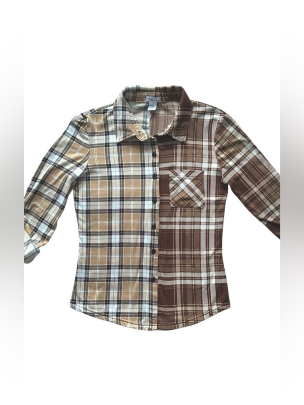 rue21 Womens Brown Tan Split Plaid Button Down Shirt Small Roll Tab Sleeve Top